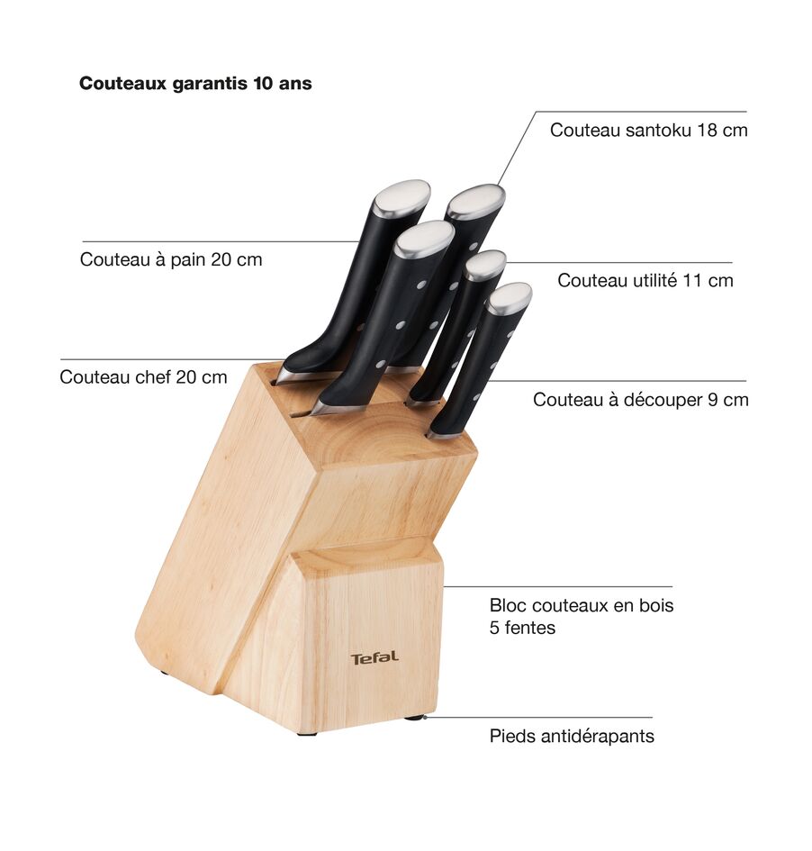 Tefal Ice Force Wooden Block With 5 Slots And 5 Knives: Bread Knife 20 Cm / Chef Knife 20 Cm / Santoku Knife 18 Cm / Paring Knife 11 Cm / Carving Knife 9 Cm K232S574 2 Tefal Ice Force Wooden Block With 5 Slots And 5 Knives: Bread Knife 20 Cm / Chef Knife 20 Cm / Santoku Knife 18 Cm / Paring Knife 11 Cm / Carving Knife 9 Cm K232S574