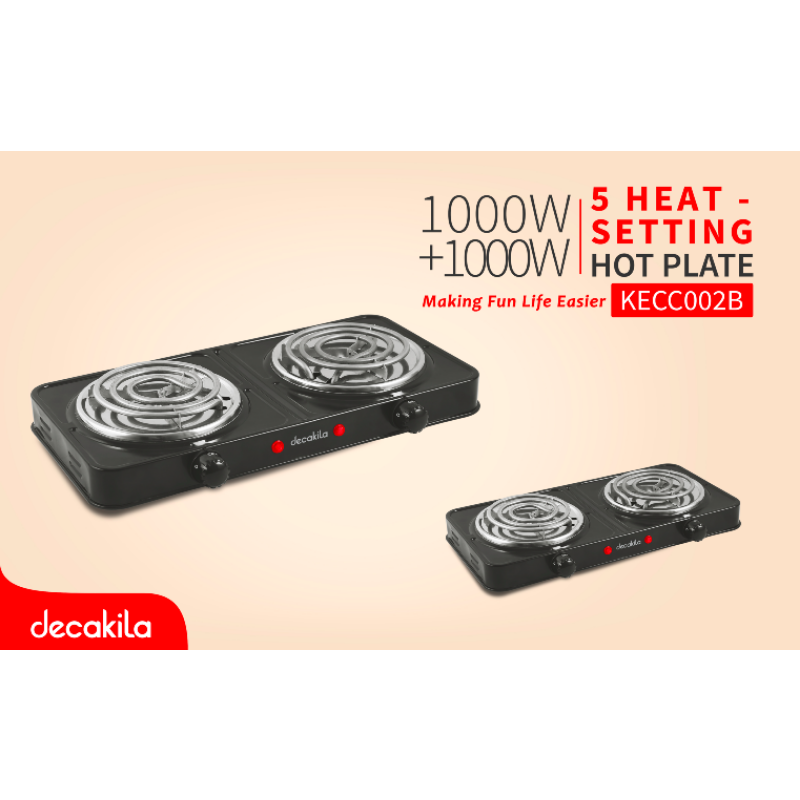 Decakila Coil Plate Double 2000W 2 Burner Plate 5 Heat Setting Stainless Burner Cap Light Indicator - Auto-Thermostat Control Kecc002B 3 Decakila Coil Plate Double 2000W 2 Burner Plate 5 Heat Setting Stainless Burner Cap Light Indicator - Auto-Thermostat Control Kecc002B