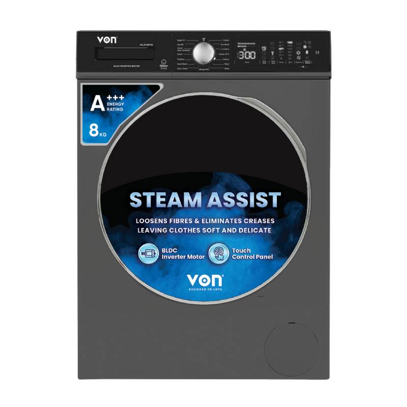 Von Front Load Washing Machine 8 KG, Silver Inverter Motor VALW-08FVK