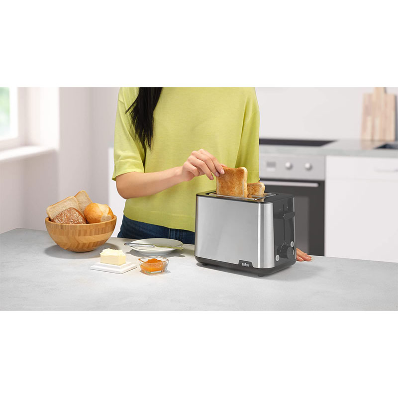 Braun Toaster 900W PurShine with 2 Slots, 8 Toast Levels, Pull Out Tray, Bread Lifter, Bun Warmer, Stainless Steel HT101BI-HT1510BK