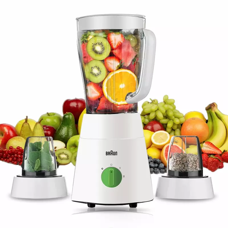 Braun Blender 1.5L 500w Mill & Chopper PowerBlend Triangular Plastic  Jug, 2 Speed, Ice Crushing Function, Stainless Steel Blades JB0123WH