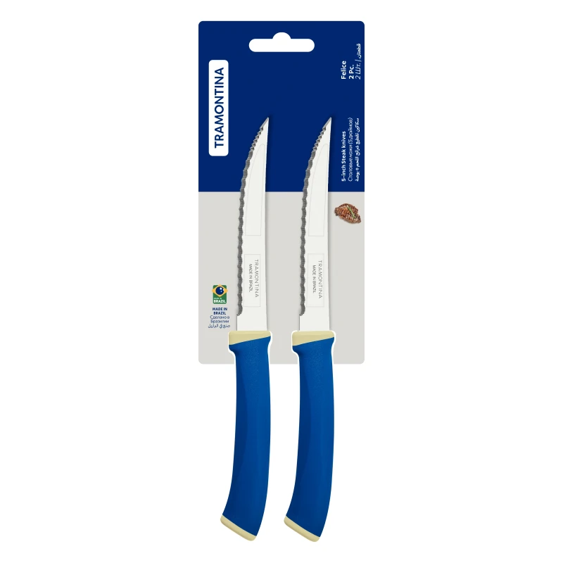 Tramontina Felice Barbecue Knife 5'' Stainless Steel Blades, Microserrated Edge &Amp; Blue Polypropylene Handles 2Pc Set 23494/215 1 Tramontina Felice Barbecue Knife 5'' Stainless Steel Blades, Microserrated Edge &Amp; Blue Polypropylene Handles 2Pc Set 23494/215