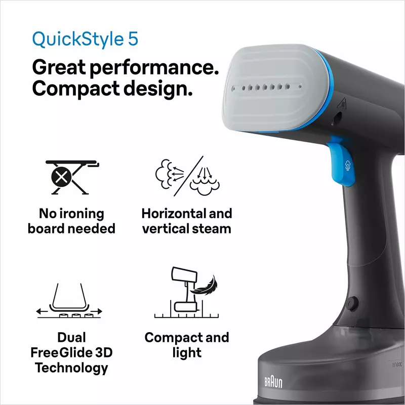 Braun Garment Steamer 150Ml Tank Hand Held 1200W 13850000-Gs5031Bl Horizontal And Vertical Compact And Light Soleplate Removable Water Tank 2 Braun Garment Steamer 1200W 150Ml Quickstyle 5, With Dual Heated Free Glide 3D Plate, Handheld Garment Steamer With Fast Heating, Vertical Ironing, 13850000-Gs5031Bl