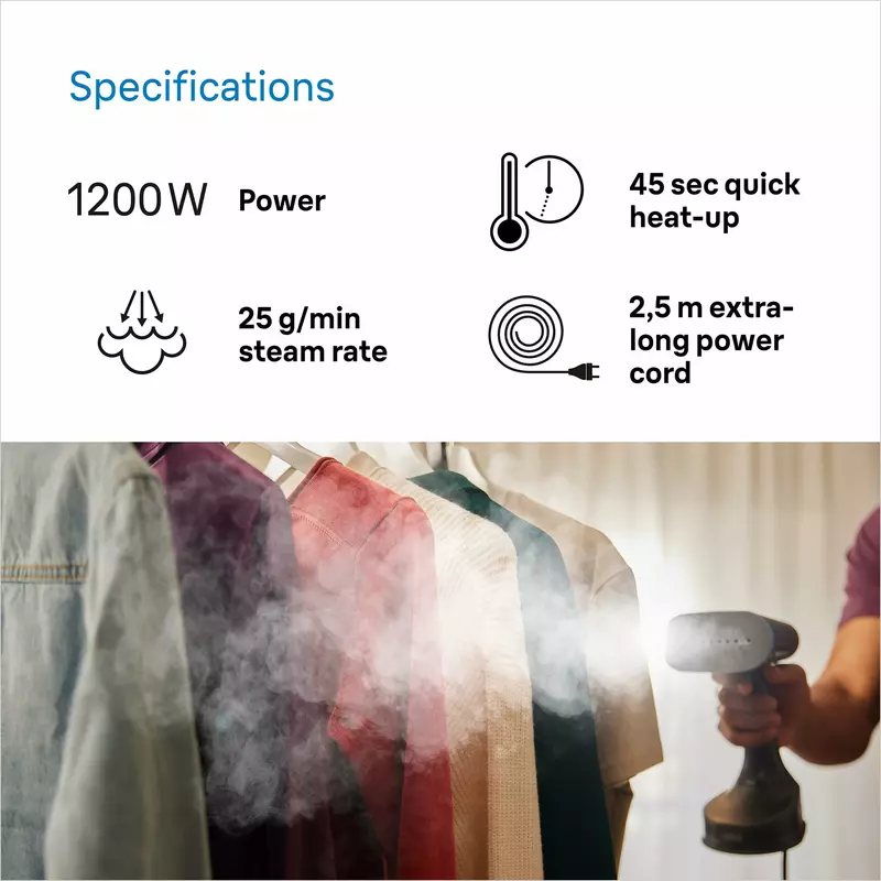 Braun Garment Steamer 150Ml Tank Hand Held 1200W 13850000-Gs5031Bl Horizontal And Vertical Compact And Light Soleplate Removable Water Tank 3 Braun Garment Steamer 1200W 150Ml Quickstyle 5, With Dual Heated Free Glide 3D Plate, Handheld Garment Steamer With Fast Heating, Vertical Ironing, 13850000-Gs5031Bl