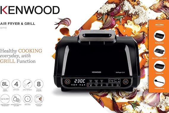 Kenwood Airfryer 8l Digital Touch Screen 4 in 1 Fry, Grill, Roast and Bake 1700w Ghf40.000bk4 Grill Levels, 8 Preset Functions - Grill, Air Crisp, Roast, Bake, Pizza, Reheat, Dehydrate & Manual Function
