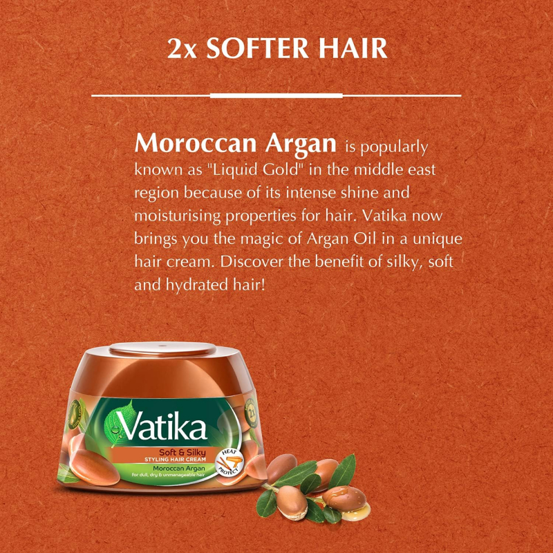 Vatika Hair Cream Soft & Silky, Heat Protect. For Dull, Dry & Unmanageable Hair, Argan 140ml (Pack of 3)