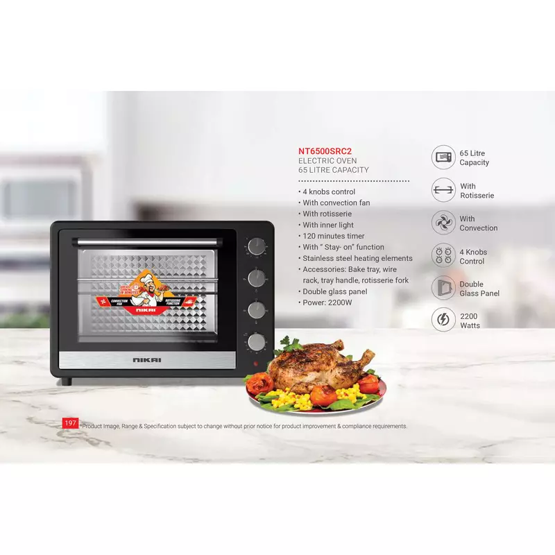 Nikai Oven Electric 65L With Rosting Fuction 4 Knobs Control 2200W Nt6500Src2 120 Mins Timer Convection Function Stainless Steel Heating Elements Inner Light Double Glass Panel 7 Nikai Oven Electric 65L With Rosting Fuction 4 Knobs Control 2200W Nt6500Src2 120 Mins Timer Convection Function Stainless Steel Heating Elements Inner Light Double Glass Panel