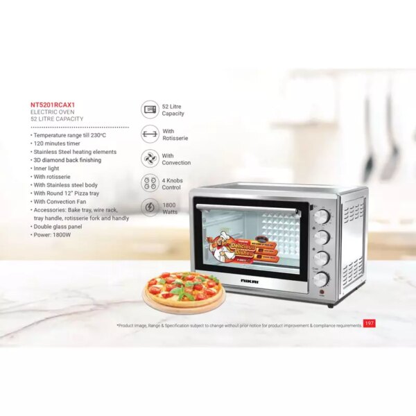 Nikai Oven Electric 52L With Rosting Function 4 Knobs Control 1800W NT5201RCAX1 120 Mins Timer Stainless Steel Heating Elements Inner Light Convection Fan Double Glass Panel