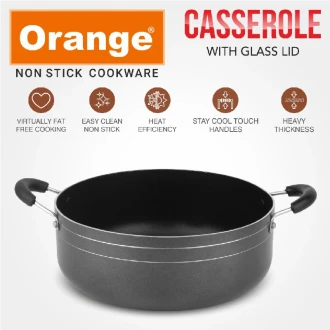 Orange Cook & Serve Non-Stick Casserole 16cm 1L with Glass Lid ONSC032