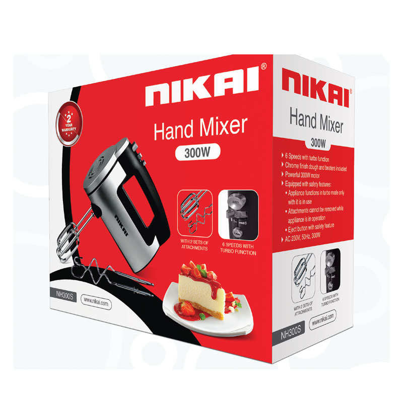 Nikai Hand Mixer 6 Speeds With Turbo Function 300W Nh300S 2 Beaters For Eggs And Cream And 2 Hooks For Mixing Dough 2 Nikai Hand Mixer 6 Speeds With Turbo Function 300W Nh300S 2 Beaters For Eggs And Cream And 2 Hooks For Mixing Dough