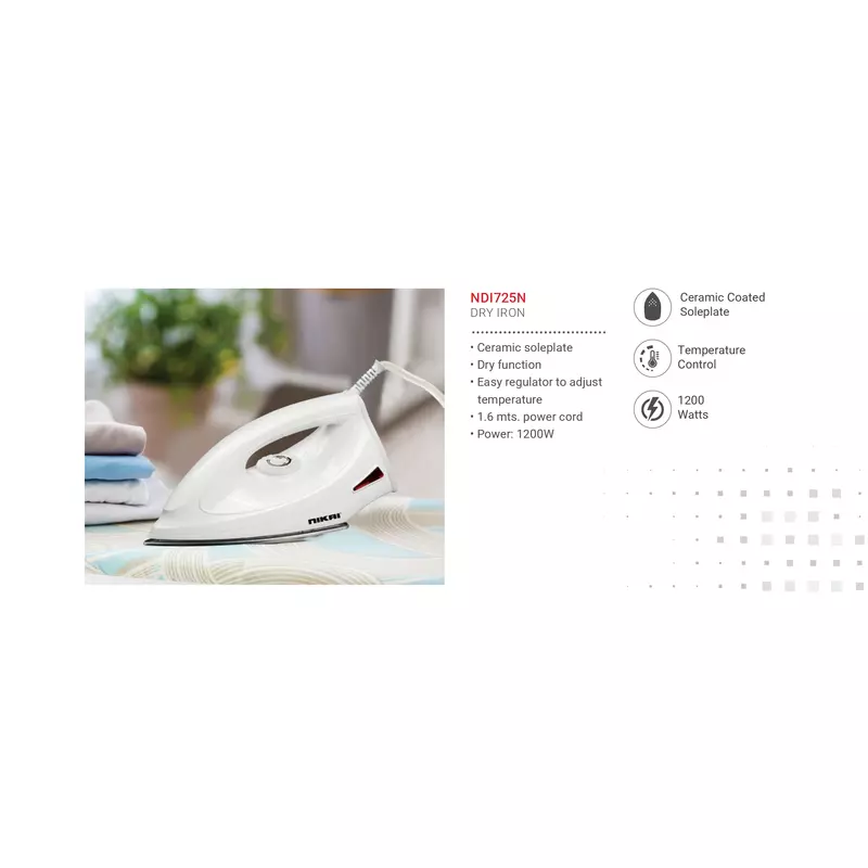 Nikai Dry Iron Ceramic Sole Plate 1200W Ndi725N 1.6M Power Cord Easy Regulator Temperature Control 8 Nikai Dry Iron Ceramic Sole Plate 1200W Ndi725N 1.6M Power Cord Easy Regulator Temperature Control
