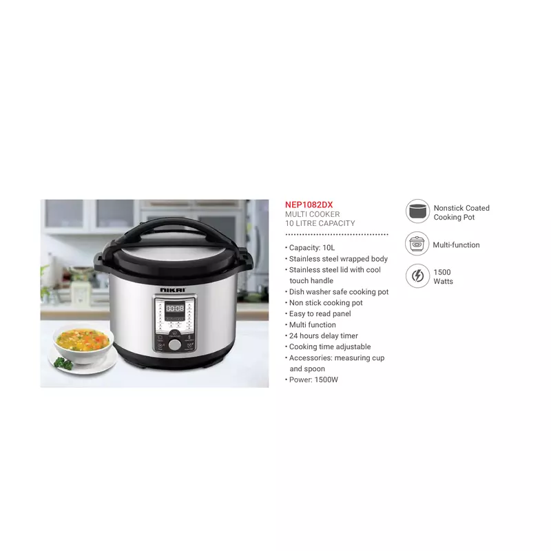 Nikai Pressure Cooker Electric 10L Digital Multi Functional Cooker 1500W Nep1082X Non Stick Cooking Pot Stainless Steel Wraped Body And Lid Adjustable Cooking Time With Cool Touch Handle 2 Nikai Pressure Cooker Electric 10L Digital Multi Functional Cooker 1500W Nep1082X Non Stick Cooking Pot Stainless Steel Wraped Body And Lid Adjustable Cooking Time With Cool Touch Handle