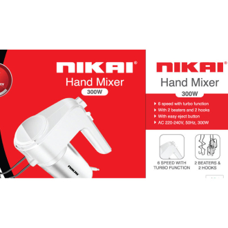 Nikai Hand Mixer 6 Speeds With Turbo Function 300W NH787T2 2 Beaters For Eggs And Cream And 2 Hooks For Mixing Dough With Easy Eject Button