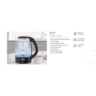 Nikai Jug Kettle 1.2L Glass With Cord Storage 2200W NK313G Automatic Shut Off Boil Dry Protection With Indicator Light On Handle