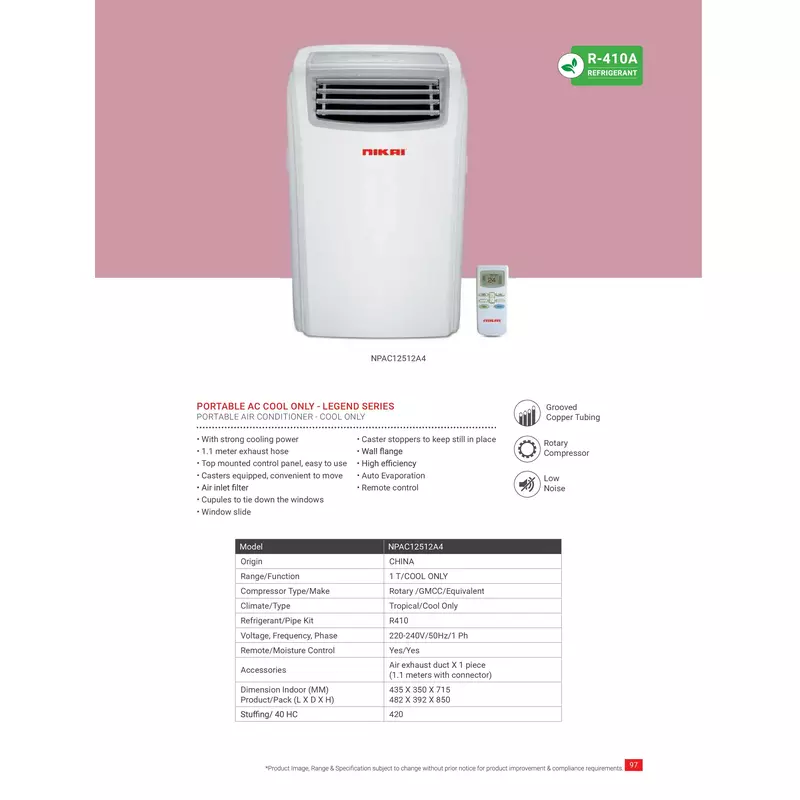 Nikai Air Conditioner Portable 12000Btu Npac12512A4 Rottery Compressor 1 T/Cool Only Air Inlet Filter 2 Nikai Air Conditioner Portable 12000Btu Npac12512A4 Rottery Compressor 1 T/Cool Only Air Inlet Filter