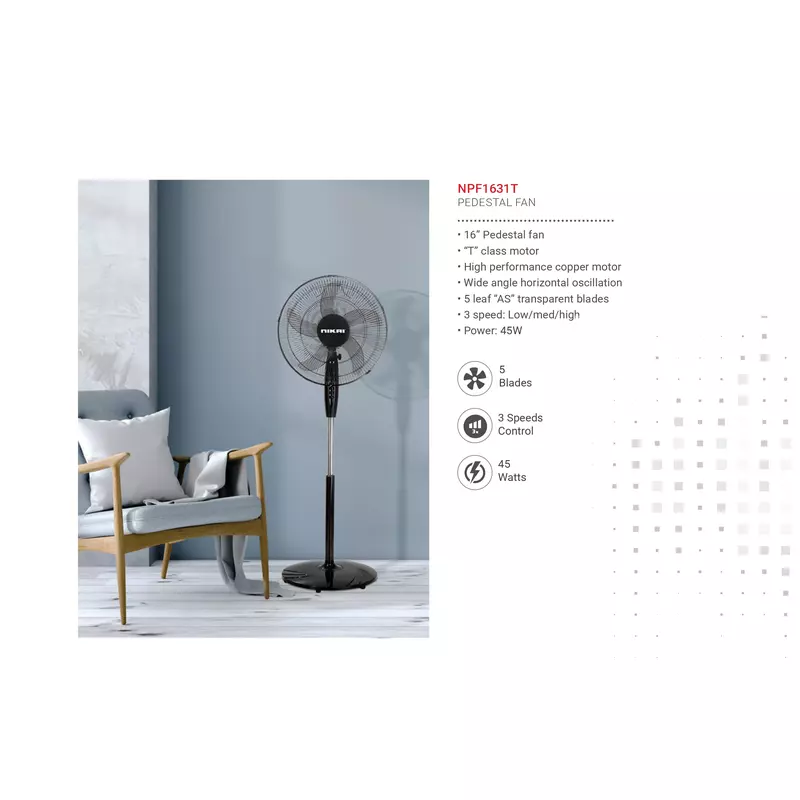 Nikai Stand Fan 16 Inch Padestal Fan 5 Blades 45W Npf1631T Wide Angle Horizontal Oscillation High Performance Copper Motor 3 Speed Low Medium And High 3 Nikai Stand Fan 16 Inch Padestal Fan 5 Blades 45W Npf1631T Wide Angle Horizontal Oscillation High Performance Copper Motor 3 Speed Low Medium And High