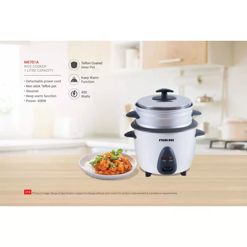 Nikai Rice Cooker 1L Keep Warm Function Teflon Coated Inner Pot 400W Nr701A Aluminum Steamer Detachable Power Cord Indicator Lights 8 Nikai Rice Cooker 1L Keep Warm Function Teflon Coated Inner Pot 400W Nr701A Aluminum Steamer Detachable Power Cord Indicator Lights