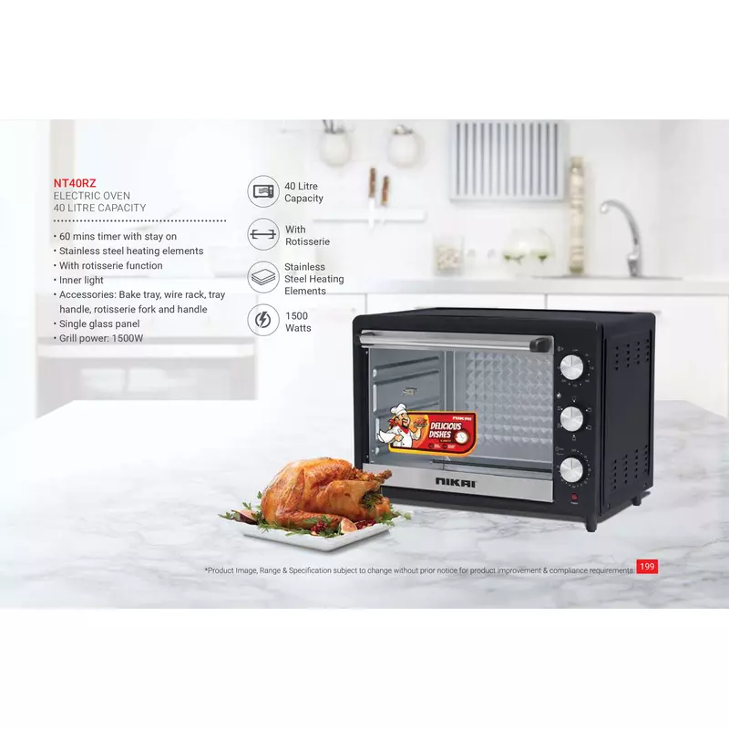 Nikai Oven Electric 40L With Rosting Function 3 Knobs Control 1500W Nt40Rz 60 Mins Timer Stainless Steel Heating Elements Inner Light Single Glass Panel 2 Nikai Oven Electric 40L With Rosting Function 3 Knobs Control 1500W Nt40Rz 60 Mins Timer Stainless Steel Heating Elements Inner Light Single Glass Panel