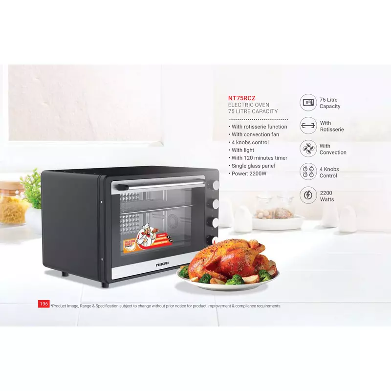 Nikai Oven Electric 75L With Rosting Function 4 Knobs Control 2200W Nt75Rcz 120 Mins Timer Convection Function Single Inner Light Glass Panel 8 Nikai Oven Electric 75L With Rosting Function 4 Knobs Control 2200W Nt75Rcz 120 Mins Timer Convection Function Single Inner Light Glass Panel