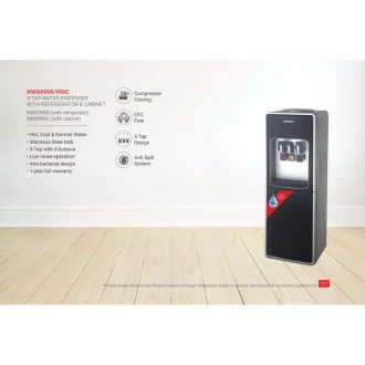 Nikai Water Dispenser 3 Taps Top Load With Refrigerator NWD999R 3 Taps Hot Normal And Cold Compressor Cooling Steel Tank Anti Bacterial Design