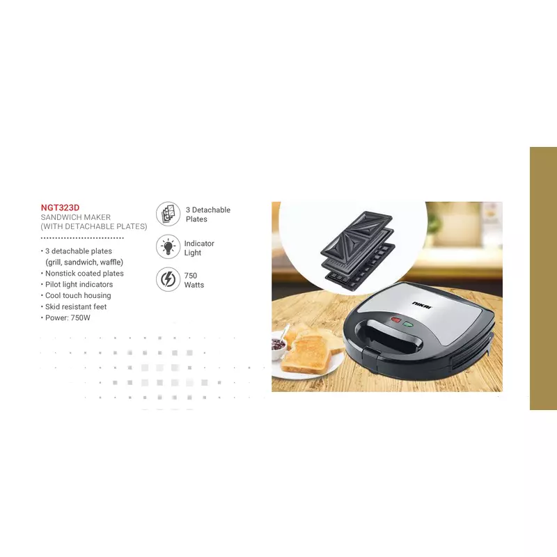 Nikai Sandwich Toaster 2 Slice 3 In 1 Waffle Grill And Sandwich 750W Ngt323D Non Stick Coating Plates Cool Touch Housing Detachable Plates With Light Indicator 8 Nikai Sandwich Toaster 2 Slice 3 In 1 Waffle Grill And Sandwich 750W Ngt323D Non Stick Coating Plates Cool Touch Housing Detachable Plates With Light Indicator
