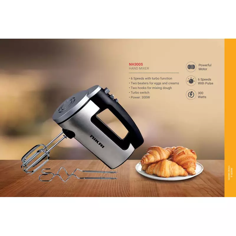 Nikai Hand Mixer 6 Speeds With Turbo Function 300W Nh300S 2 Beaters For Eggs And Cream And 2 Hooks For Mixing Dough 3 Nikai Hand Mixer 6 Speeds With Turbo Function 300W Nh300S 2 Beaters For Eggs And Cream And 2 Hooks For Mixing Dough