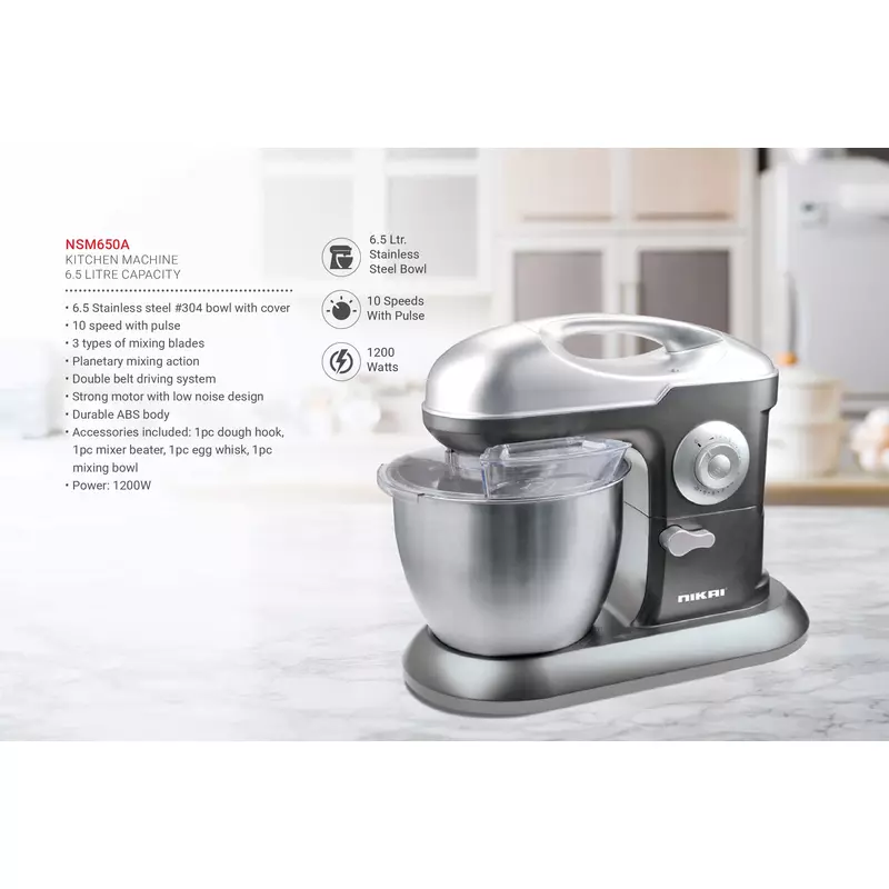 Nikai Kitchen Machine 6.5L Steel Bowl With Cover 1200W Nsm650A Stainless Steel Bowl With Cover Metal Gear 3 Blades Whisk, Dough Hook &Amp; Beater 10 Speed With Pulse 13 Nikai Kitchen Machine 6.5L Steel Bowl With Cover 1200W Nsm650A Stainless Steel Bowl With Cover Metal Gear 3 Blades Whisk, Dough Hook &Amp; Beater 10 Speed With Pulse