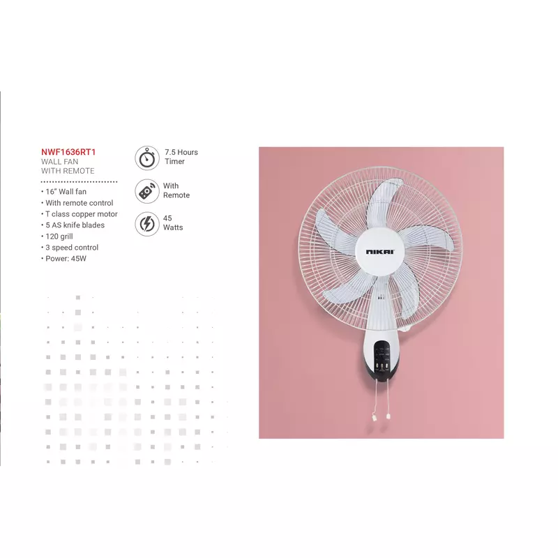 Nikai Wall Fan 16 Inch 5 Blades 3 Speeds 45W Nwf1636Rt1 T Class Copper Motor 120 Grill 5 As Knife Blades With Remote Control 5 Nikai Wall Fan 16 Inch 5 Blades 3 Speeds 45W Nwf1636Rt1 T Class Copper Motor 120 Grill 5 As Knife Blades With Remote Control