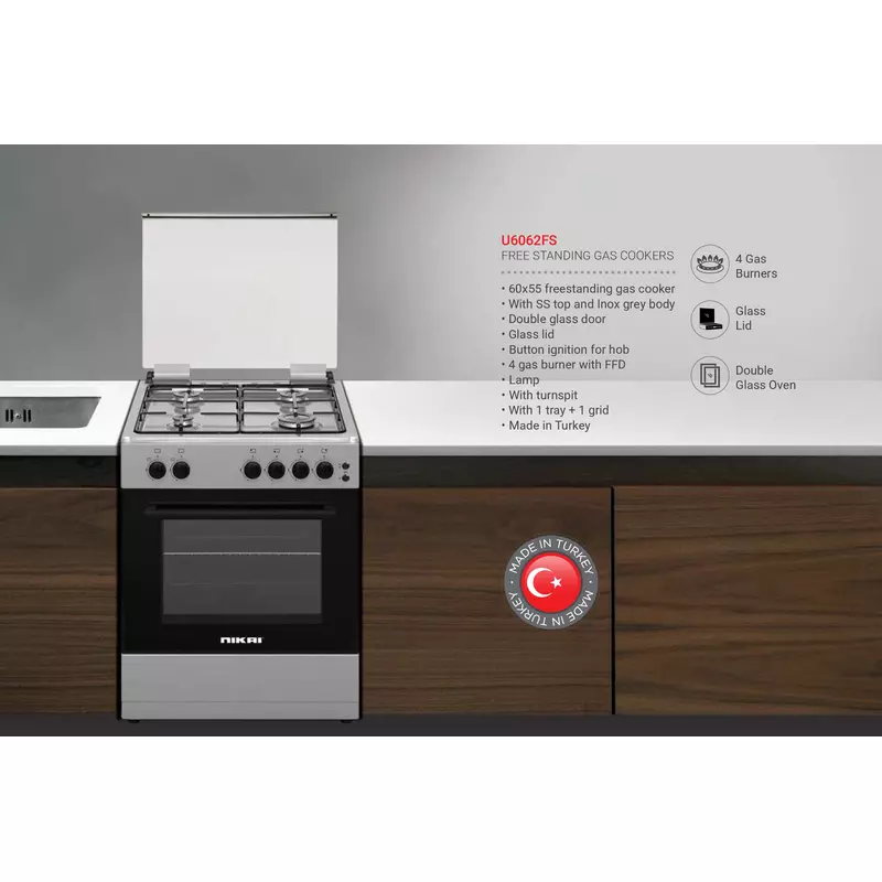 Nikai Oven Cooking Range 4 Burner Double Glass Door 60X55Cm U6062Fs Glass Lid Button Ignition For Hob With Lamp Stainless Steel Top And Body 3 Nikai Oven Cooking Range 4 Burner Double Glass Door 60X55Cm U6062Fs Glass Lid Button Ignition For Hob With Lamp Stainless Steel Top And Body