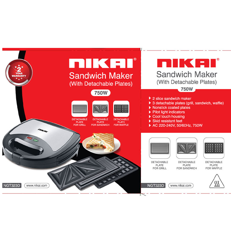 Nikai Sandwich Toaster 2 Slice 3 In 1 Waffle Grill And Sandwich 750W Ngt323D Non Stick Coating Plates Cool Touch Housing Detachable Plates With Light Indicator 2 Nikai Sandwich Toaster 2 Slice 3 In 1 Waffle Grill And Sandwich 750W Ngt323D Non Stick Coating Plates Cool Touch Housing Detachable Plates With Light Indicator