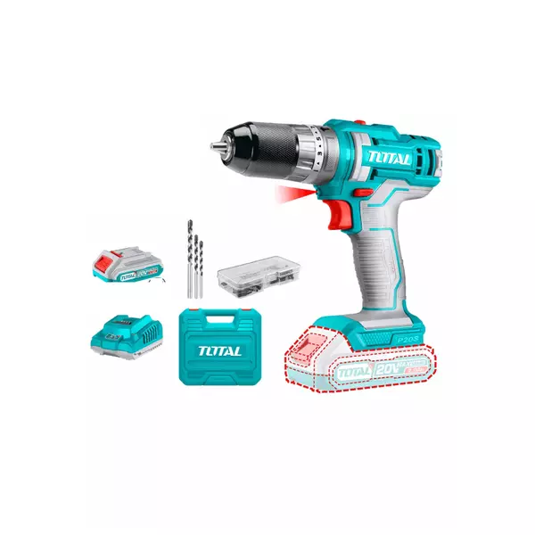 Total Cordless Impact Drill 45Nm Lithium-Ion 20V With 47Pcs Accessories, 3Pcs Masonry Drill Bits, 2Pcs 2.0Ah Battery, 1Pc Charger Tidli201452 1 Total Cordless Impact Drill 45Nm Lithium-Ion 20V With 47Pcs Accessories, 3Pcs Masonry Drill Bits, 2Pcs 2.0Ah Battery, 1Pc Charger Tidli201452